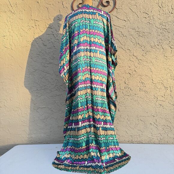 OOAK Vintage Striped Geometric Jewel Tone Handmade Maxi Kaftan W Belt Size M/L - Picture 5 of 10